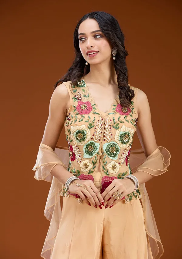 Beige_Threadwork_Georgette_Readymade_Salwar_Suit