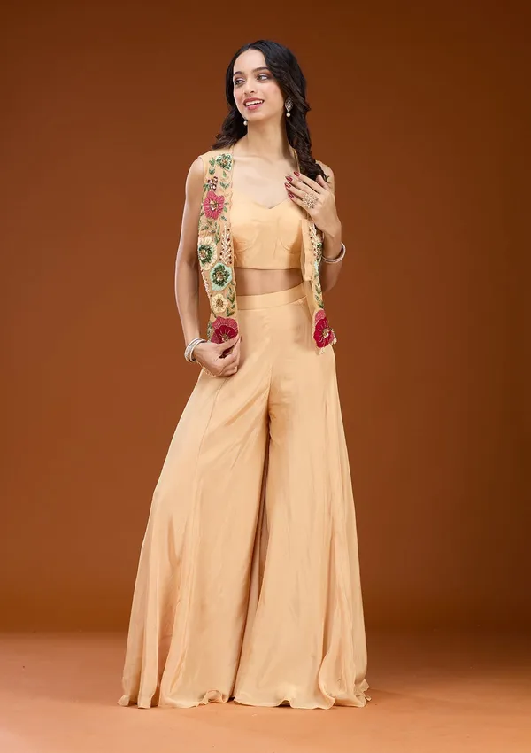 Beige_Threadwork_Georgette_Readymade_Salwar_Suit