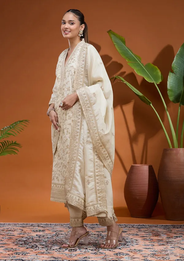 Cream_Zariwork_Gold_Soft_Raw_Silk_Readymade_Salwar_Suit