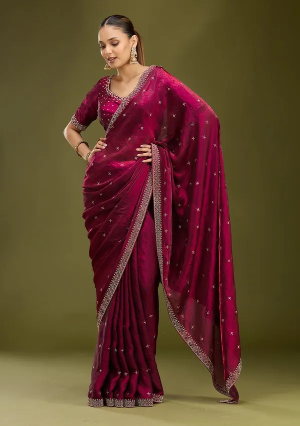 Wine_Stonework_Gold_Satin_Saree