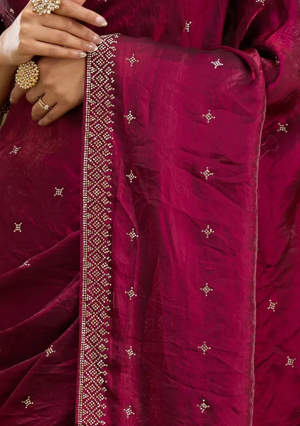 Wine_Stonework_Gold_Satin_Saree