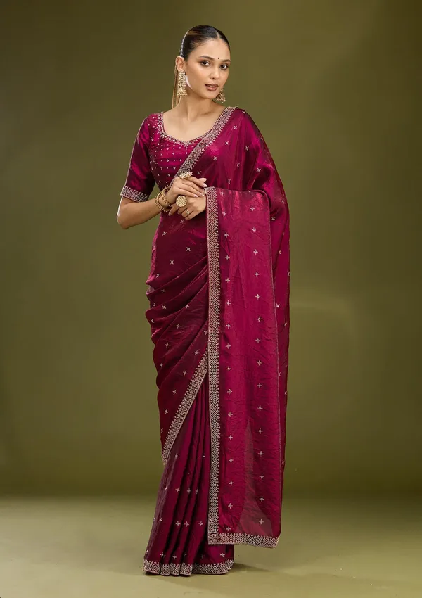 Wine_Stonework_Gold_Satin_Saree
