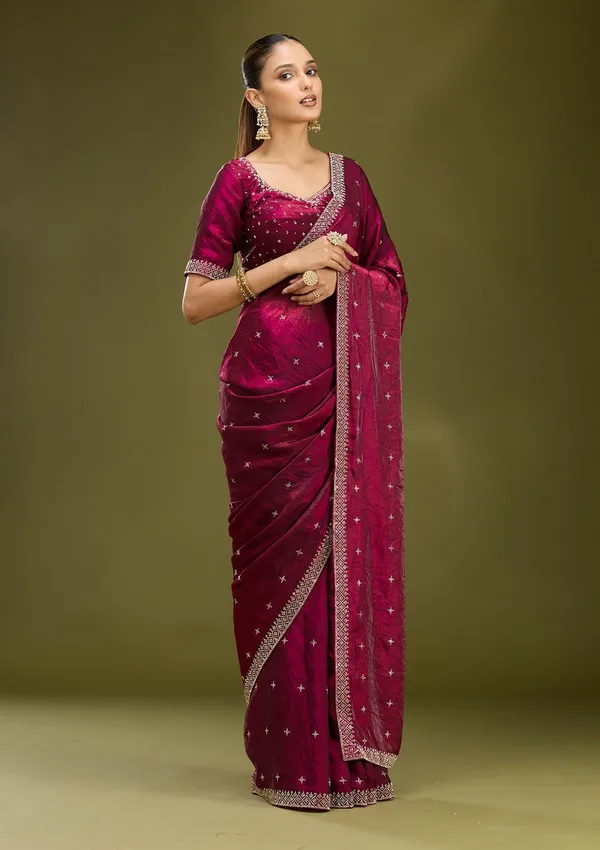 Wine_Stonework_Gold_Satin_Saree