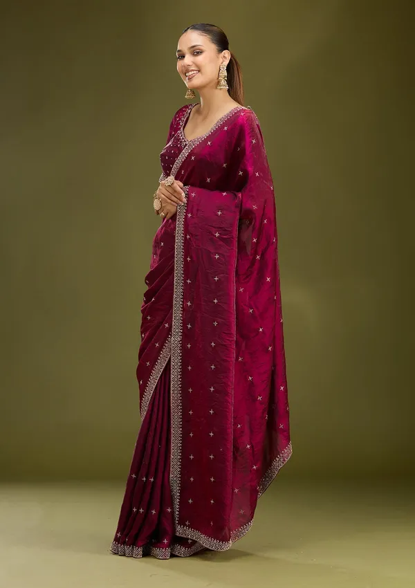 Wine_Stonework_Gold_Satin_Saree