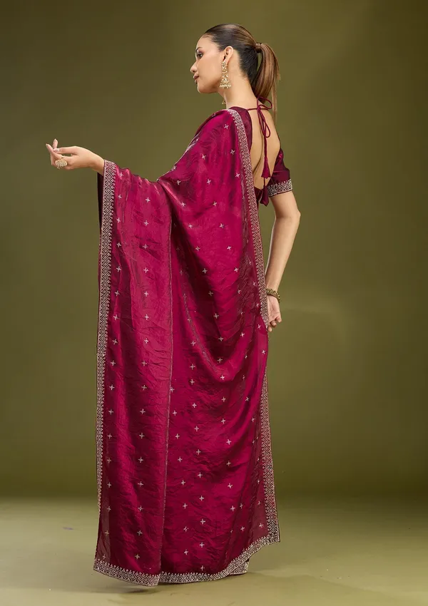 Wine_Stonework_Gold_Satin_Saree
