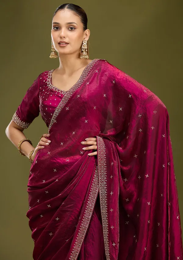 Wine_Stonework_Gold_Satin_Saree