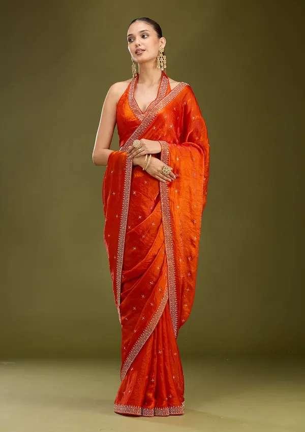 Orange_Stonework_Gold_Satin_Saree