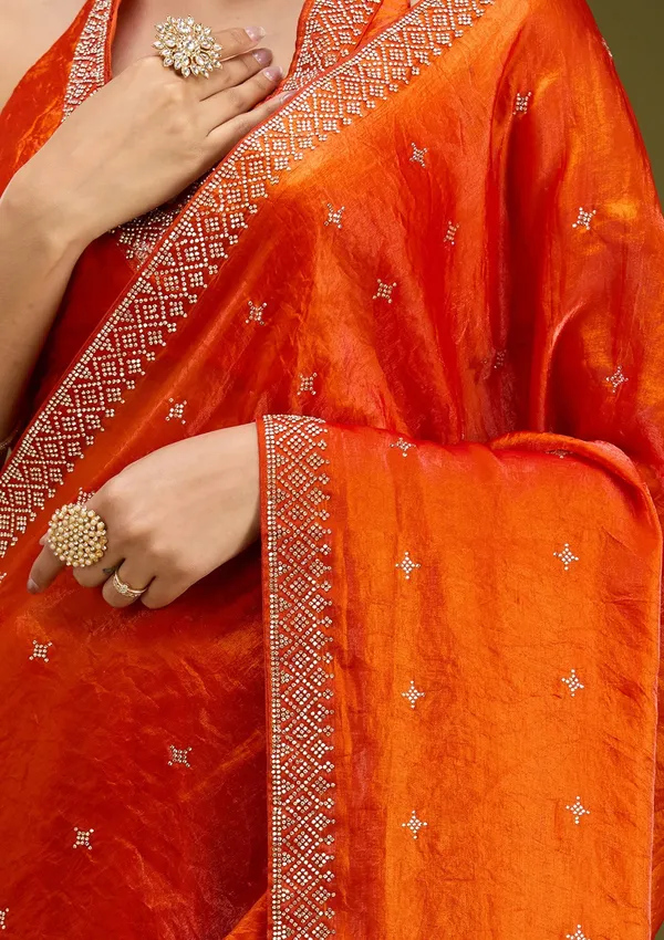 Orange_Stonework_Gold_Satin_Saree