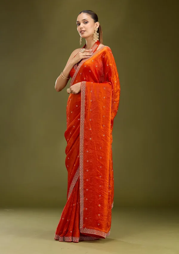 Orange_Stonework_Gold_Satin_Saree