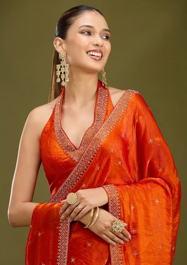 Orange_Stonework_Gold_Satin_Saree