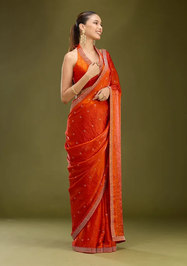 Orange_Stonework_Gold_Satin_Saree