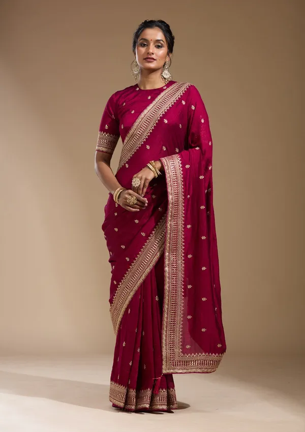 Magenta_Pink_Cording_Soft_Raw_Silk_Saree