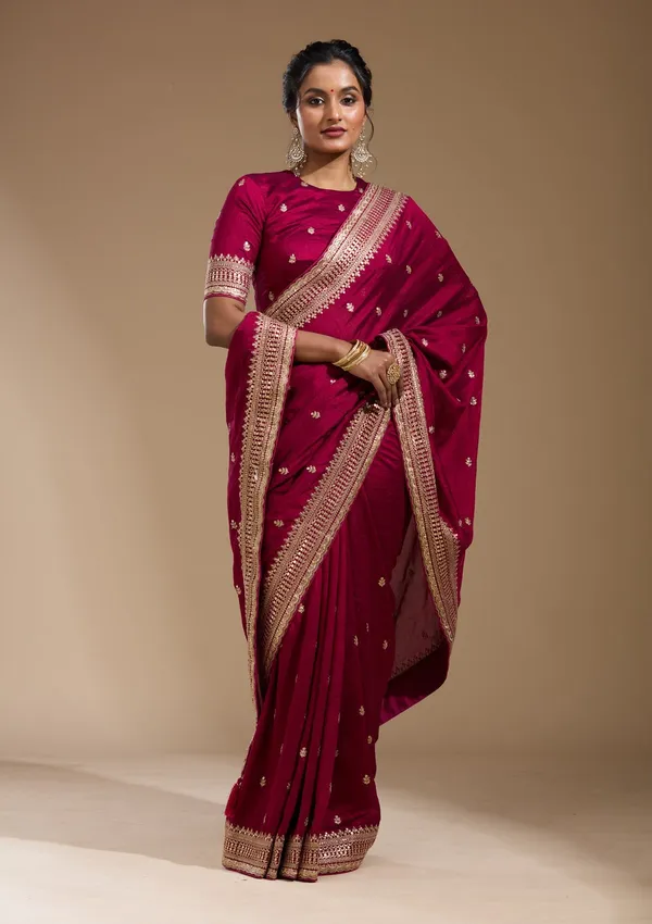 Magenta_Pink_Cording_Soft_Raw_Silk_Saree