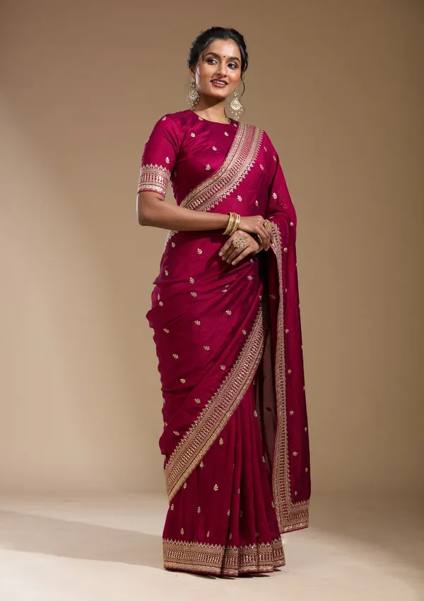 Magenta_Pink_Cording_Soft_Raw_Silk_Saree