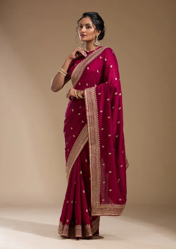 Magenta_Pink_Cording_Soft_Raw_Silk_Saree