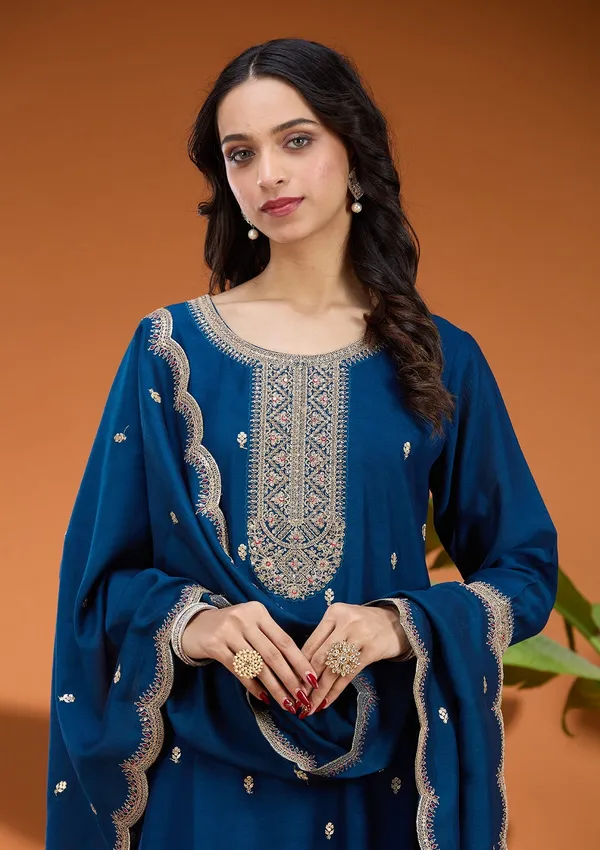 Peacock_Blue_Pearlwork_Georgette_Readymade_Salwar_Suit