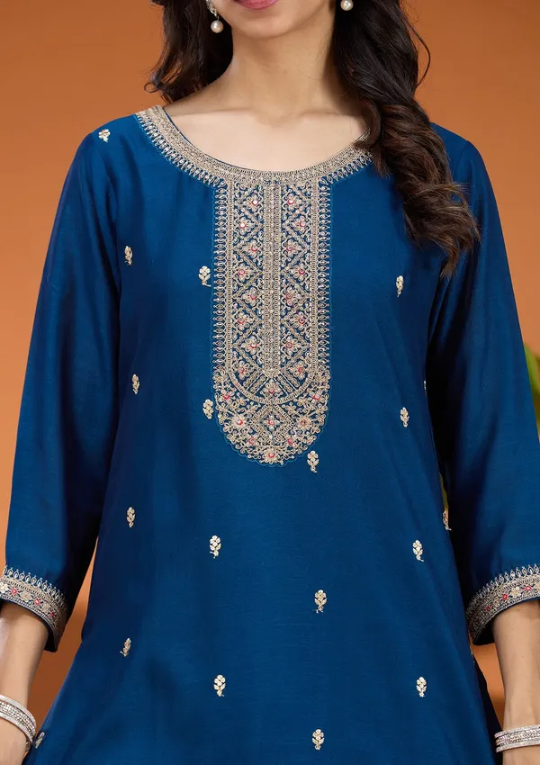 Peacock_Blue_Pearlwork_Georgette_Readymade_Salwar_Suit