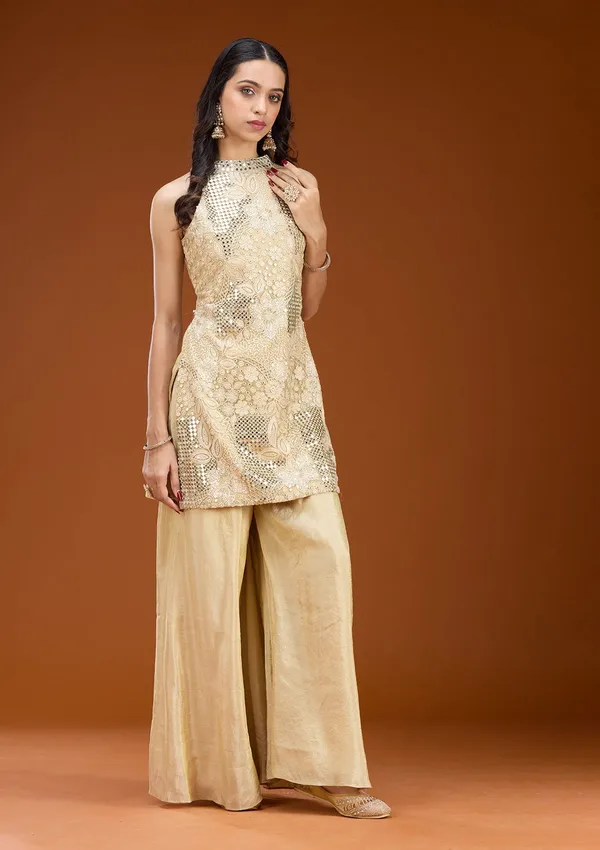 Beige_Zariwork_Gold_Satin_Readymade_Salwar_Suit