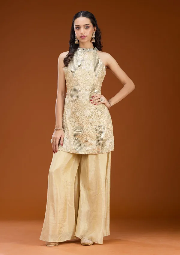 Beige_Zariwork_Gold_Satin_Readymade_Salwar_Suit