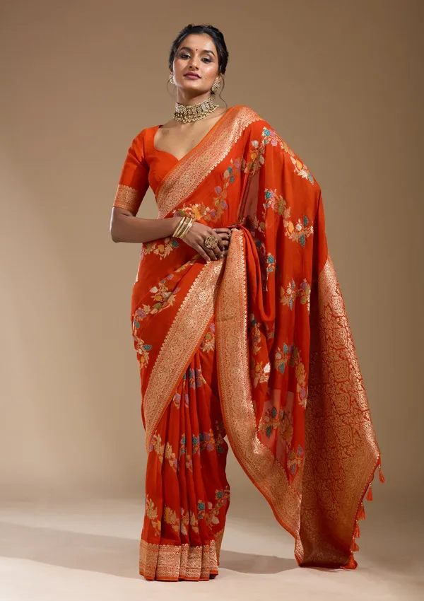 Orange_Zariwork_Gold_Georgette_Silk_Saree