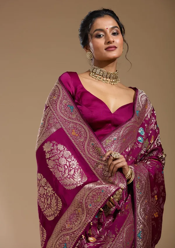 Wine_Zariwork_Gold_Satin_Silk_Saree