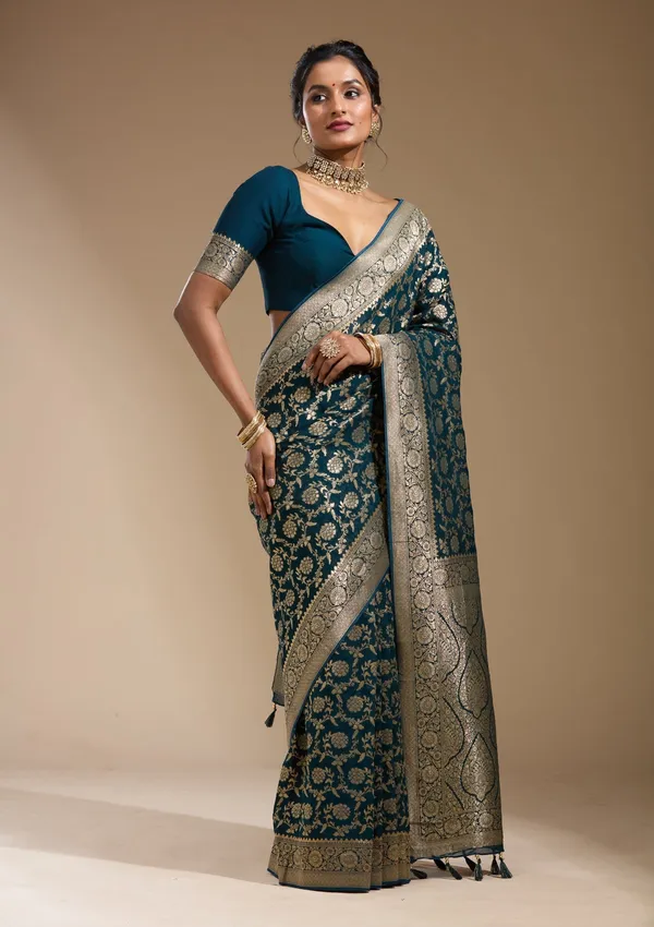Peacock_Blue_Zariwork_Gold_Georgette_Silk_Saree
