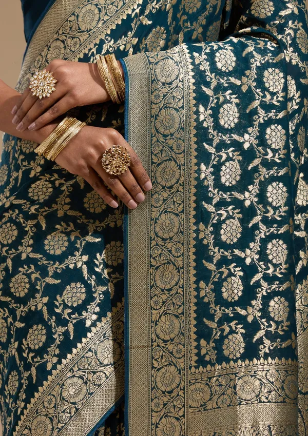 Peacock_Blue_Zariwork_Gold_Georgette_Silk_Saree