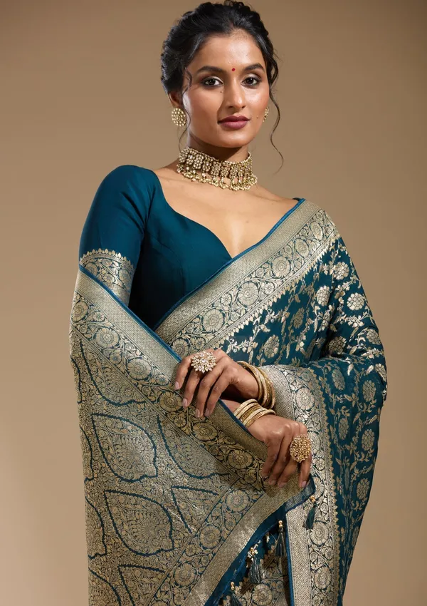 Peacock_Blue_Zariwork_Gold_Georgette_Silk_Saree