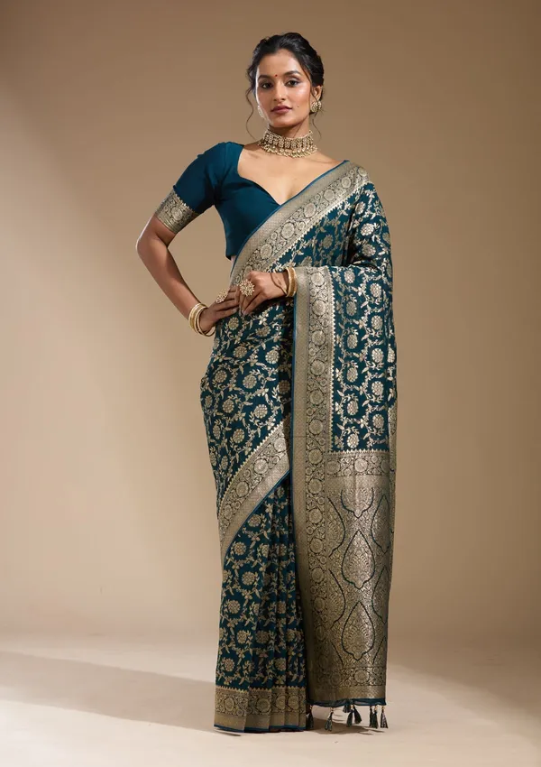 Peacock_Blue_Zariwork_Gold_Georgette_Silk_Saree