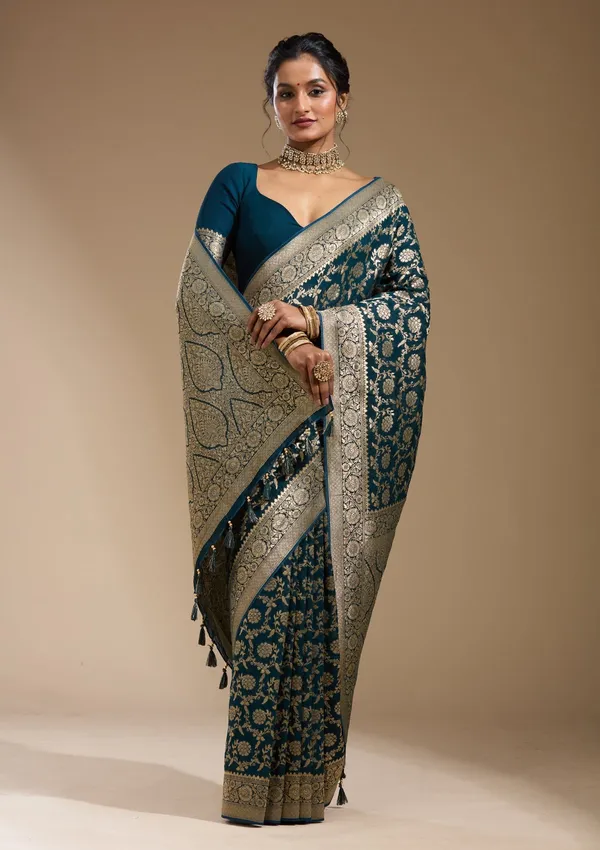 Peacock_Blue_Zariwork_Gold_Georgette_Silk_Saree