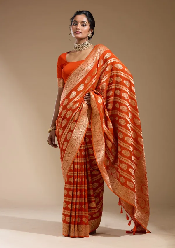 Orange_Zariwork_Gold_Georgette_Silk_Saree