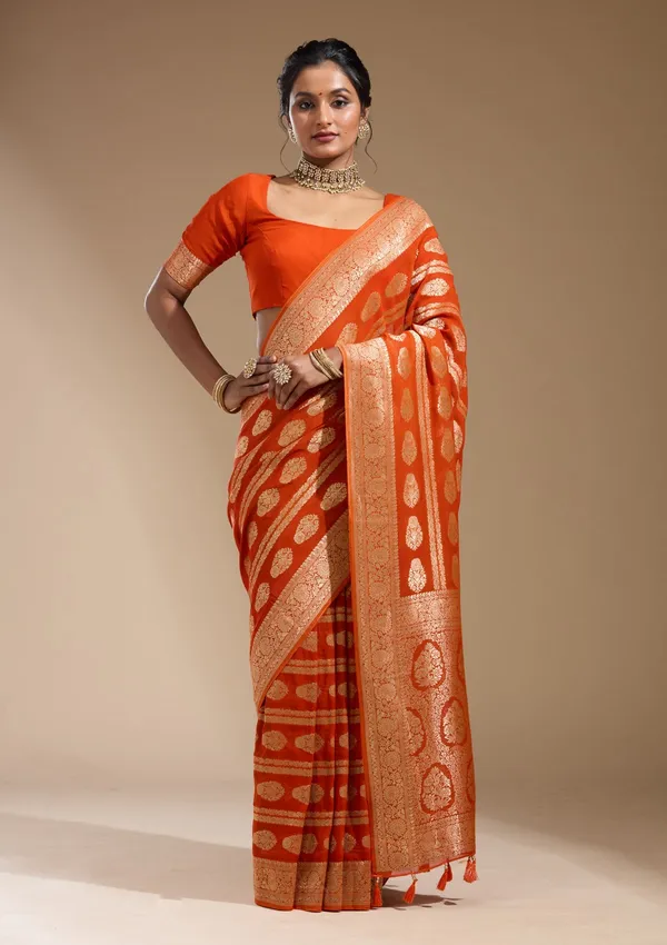 Orange_Zariwork_Gold_Georgette_Silk_Saree