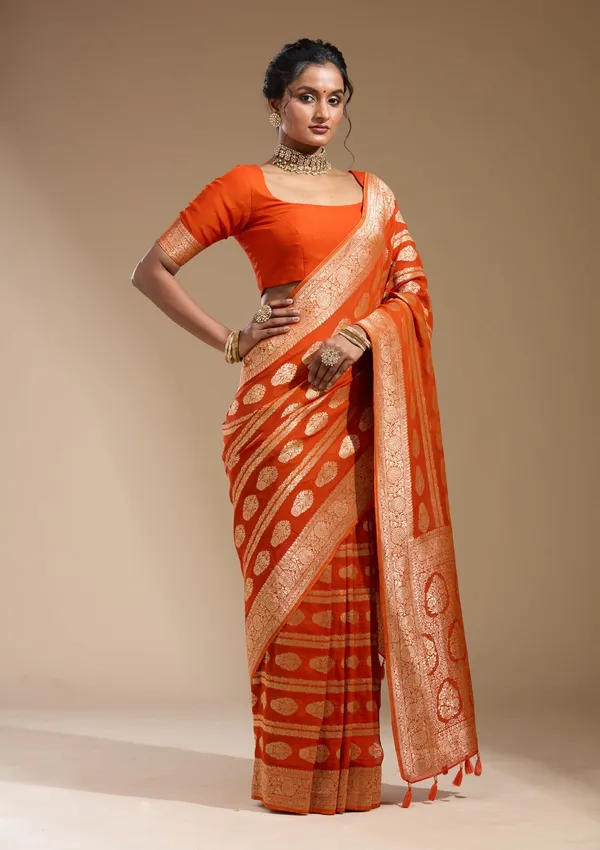 Orange_Zariwork_Gold_Georgette_Silk_Saree