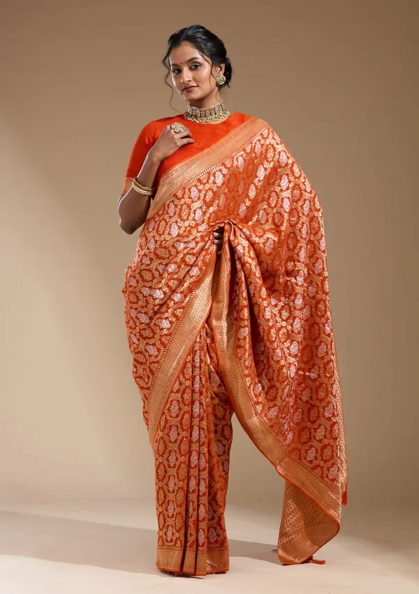 Orange_Zariwork_Gold_Georgette_Silk_Saree