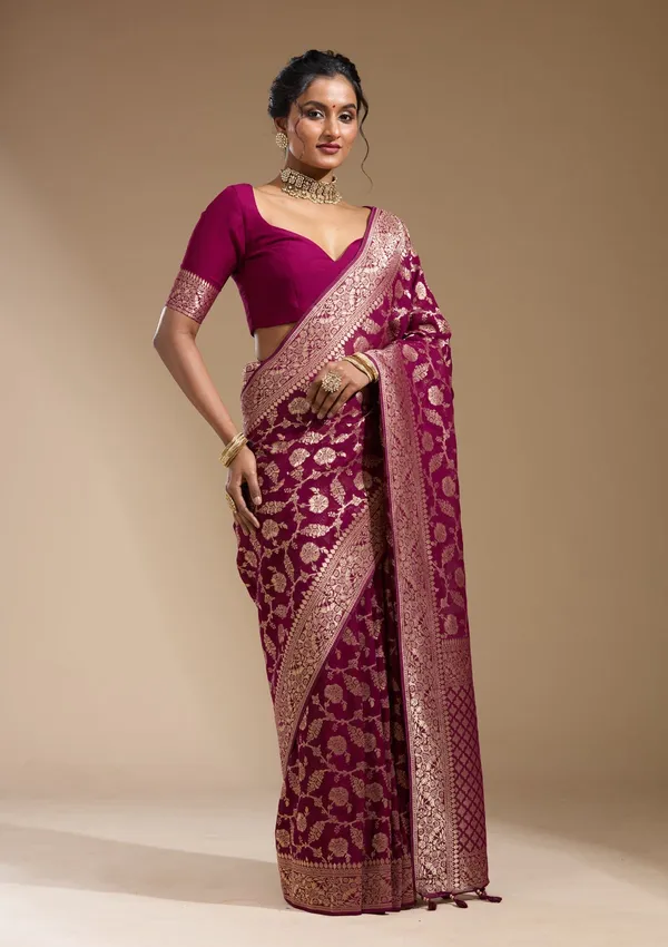 Wine_Zariwork_Gold_Georgette_Silk_Saree