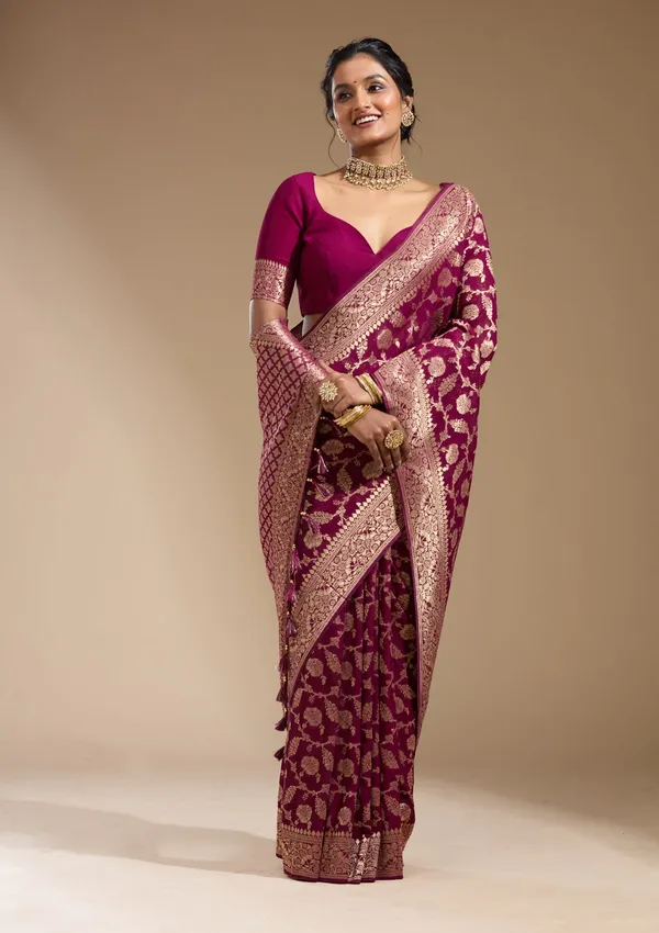 Wine_Zariwork_Gold_Georgette_Silk_Saree