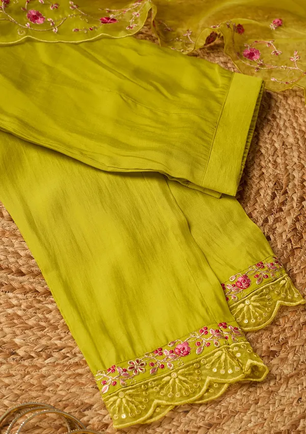Lime_Green_Threadwork_Chanderi_Readymade_Salwar_Suit