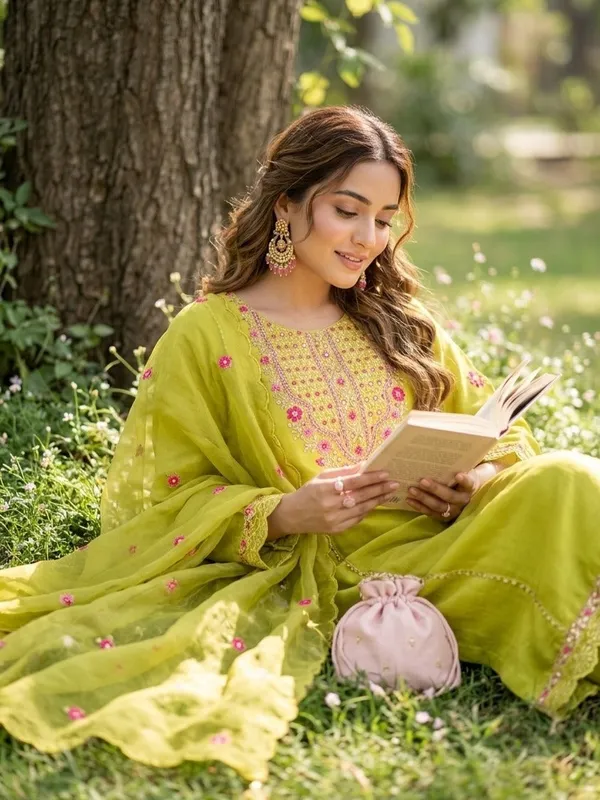 Lime_Green_Threadwork_Chanderi_Readymade_Salwar_Suit