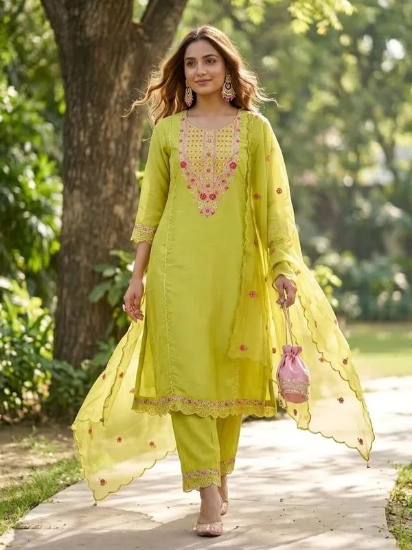 Lime_Green_Threadwork_Chanderi_Readymade_Salwar_Suit