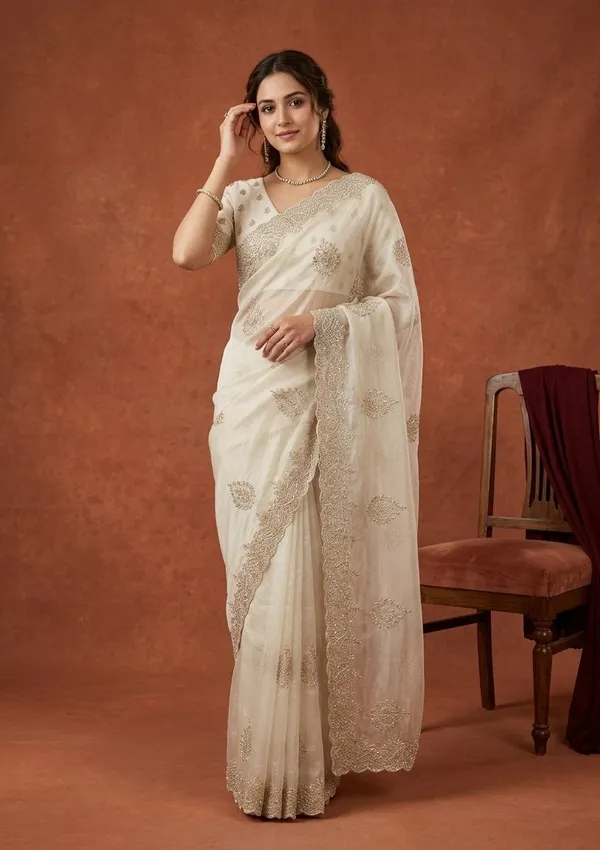 Off_White_Tissue_Gold_Stonework_Saree_With_Matching_Blouse_Piece