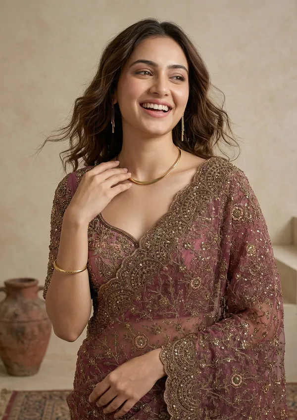 Onion_Pink_Net_Cording_Saree_With_Matching_Blouse_Piece