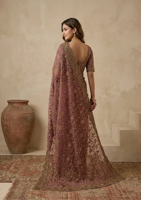 Onion_Pink_Net_Cording_Saree_With_Matching_Blouse_Piece