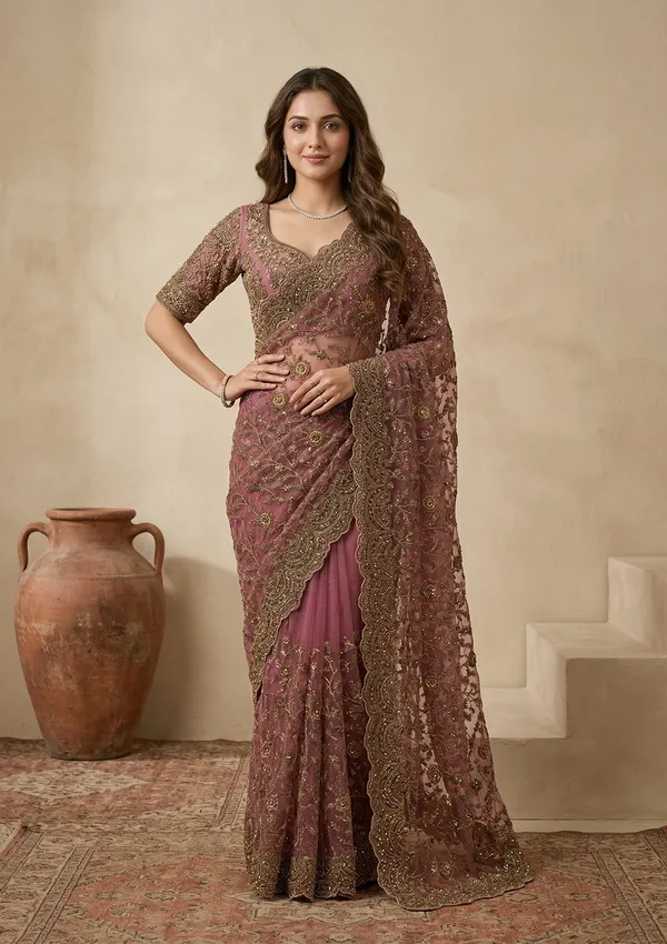 Onion_Pink_Net_Cording_Saree_With_Matching_Blouse_Piece
