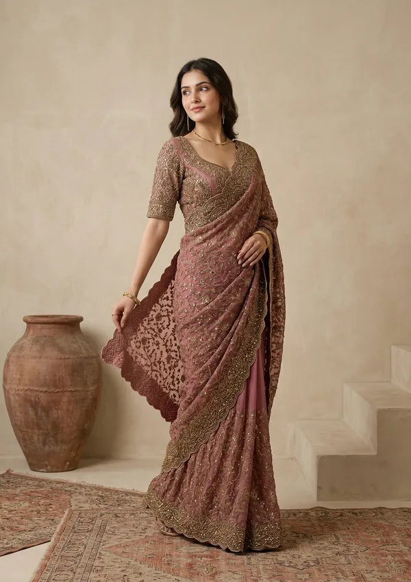 Onion_Pink_Net_Cording_Saree_With_Matching_Blouse_Piece