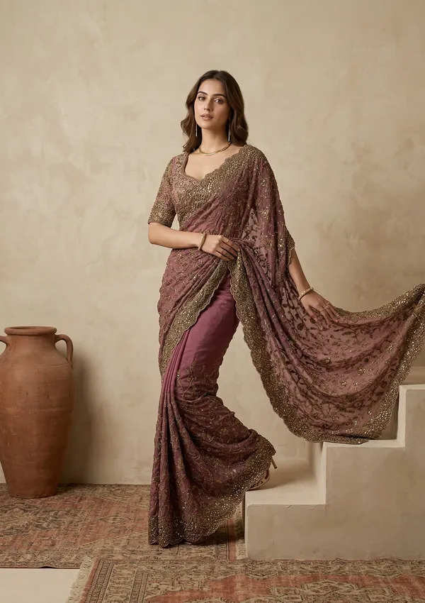 Onion_Pink_Net_Cording_Saree_With_Matching_Blouse_Piece