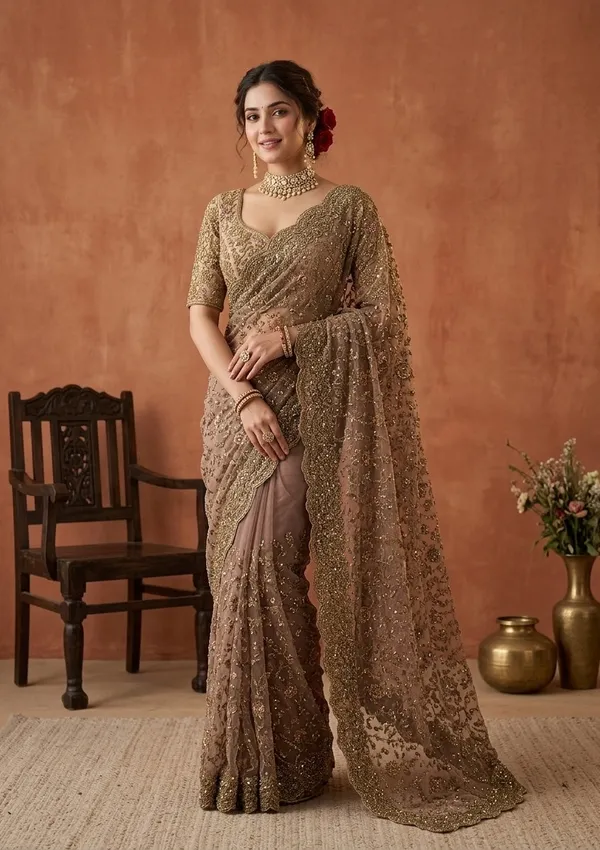 Beige_Net_Cording_Saree_With_Matching_Blouse_Piece