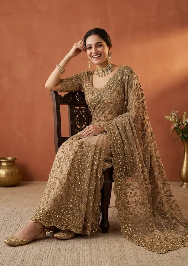 Beige_Net_Cording_Saree_With_Matching_Blouse_Piece