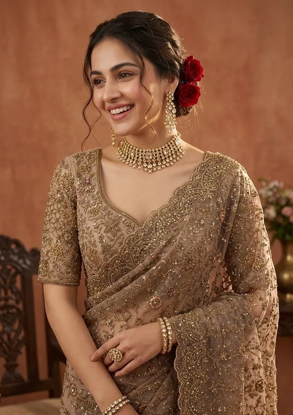 Beige_Net_Cording_Saree_With_Matching_Blouse_Piece
