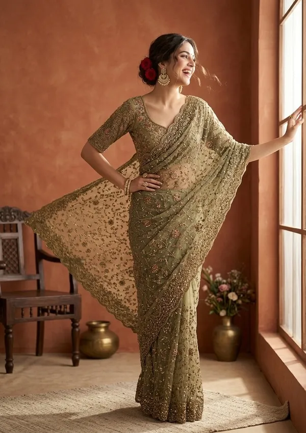 Mehendi_Net_Cording_Saree_With_Matching_Blouse_Piece