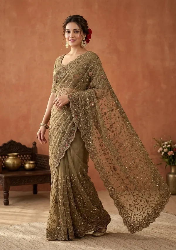 Mehendi_Net_Cording_Saree_With_Matching_Blouse_Piece